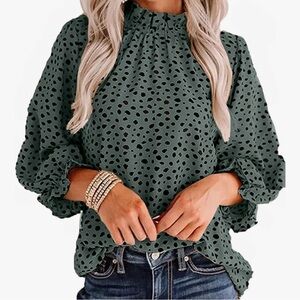 NWT Leopard Print Mock Neck Ruffle Top Blouse, Size L, Green/ Black